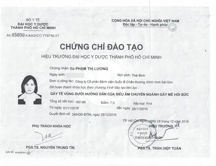 Dr. Pham Thi Luong - Resuscitation Anesthesia Specialist 5 chung chi dao tao dr linda