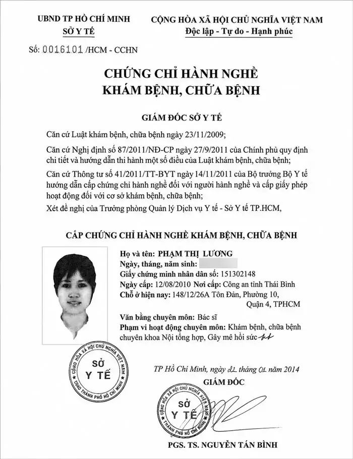 Dr. Pham Thi Luong - Resuscitation Anesthesia Specialist 8 chung chi hanh nghe 1