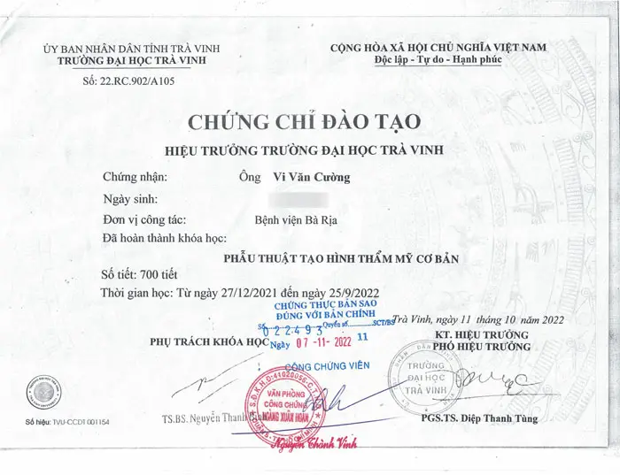 Bác Sĩ Vi Văn Cường - Bác Sĩ Chuyên Khoa Tạo Hình Bụng, Ngực Và Mông 9 chung chi dao tao 1