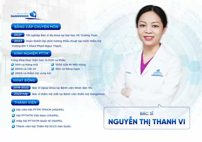 Bác Sĩ Nguyễn Thị Thanh Vi - Trưởng Khoa Thẩm mỹ Mắt 1 Bác Sĩ Nguyễn Thị Thanh Vi - Bác sĩ chuyên thẩm mỹ vùng kín và thẩm mỹ mắt tại BVTM Gangwhoo