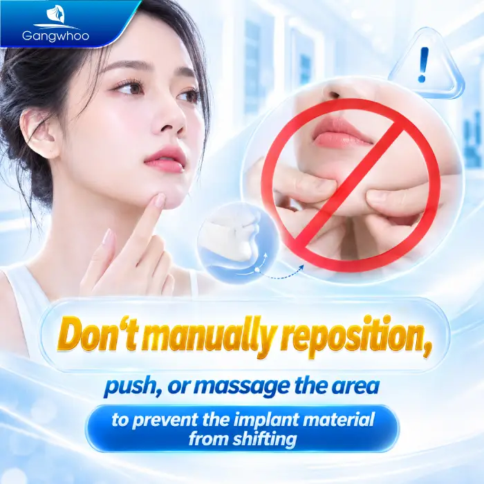 Do not manipulate, push, or massage the chin to avoid causing the implant to shift